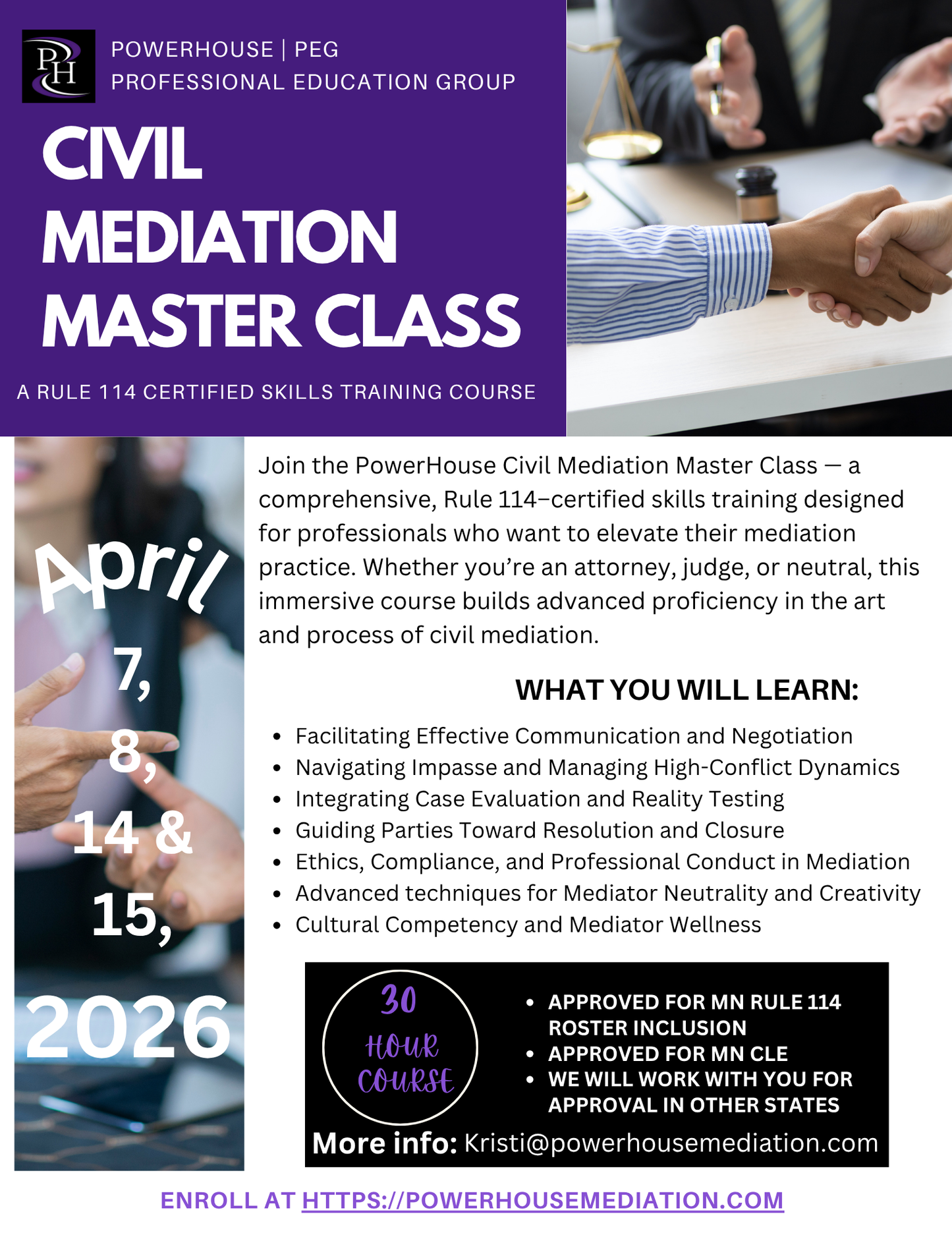 Civil Mediation - Certified Skills Training - April 7,8, 14 and 15, 2026