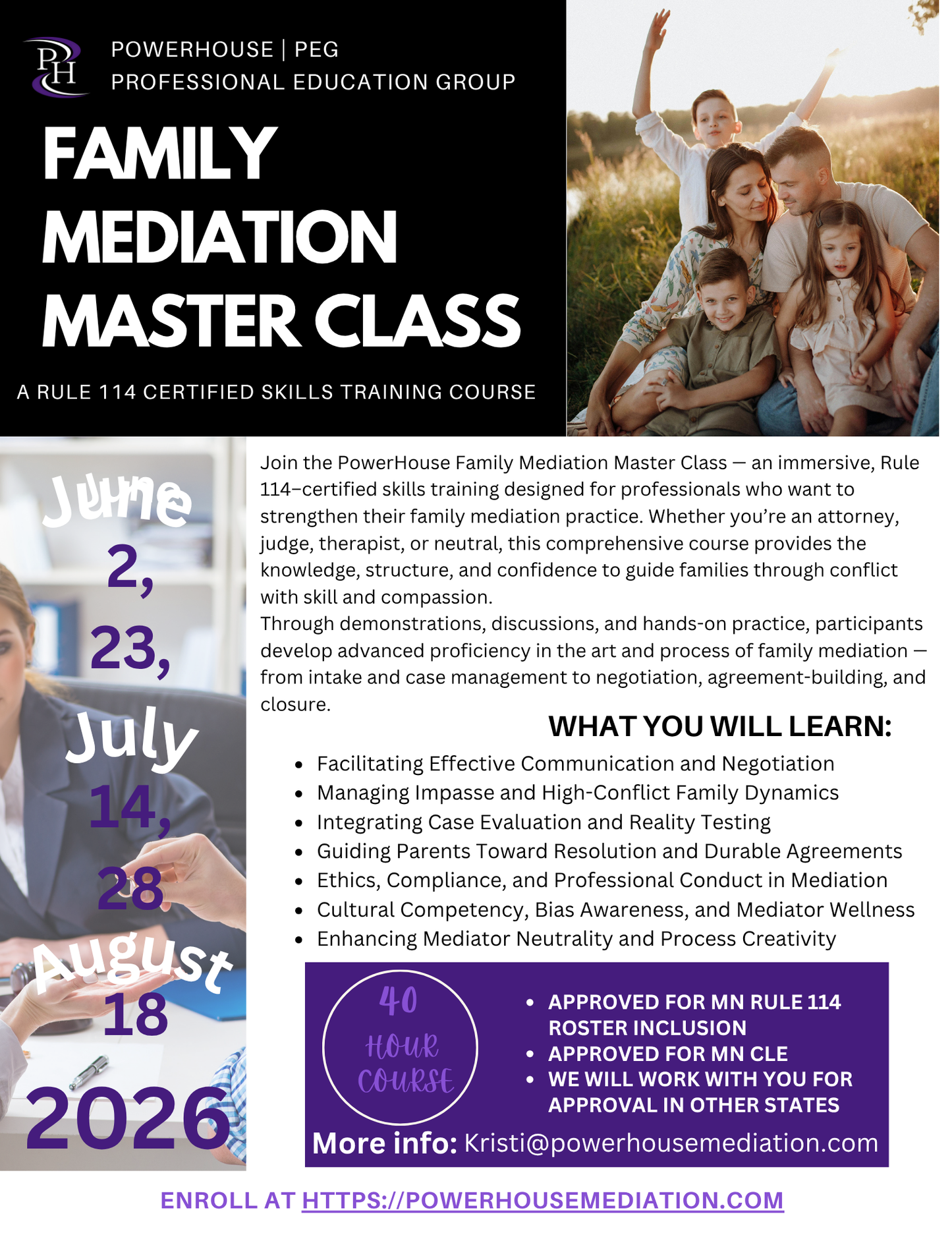 Family Mediation - Certified Skills Training (40 hours) June 2, 23, July 14, 28 and August 18, 2026